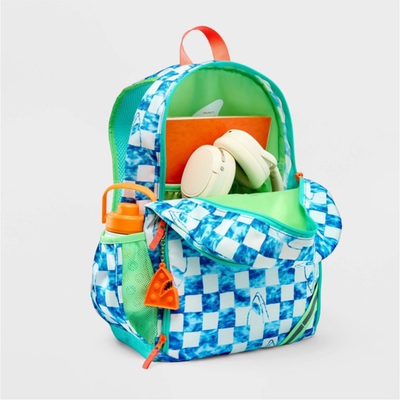 Kids' Classic 17" Backpack Blue checkered Shark front zipper pocket Cat & Jack - Picture 4 of 4